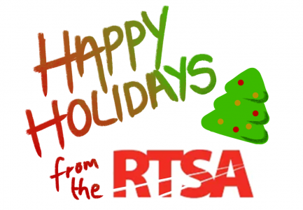 Happy Holidays from the RTSA handwritten in green and red with a green tree