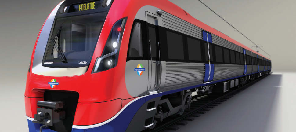 Artists impression of the Adelaide A-City EMU train in red, grey and blue Adelaide Metro livery