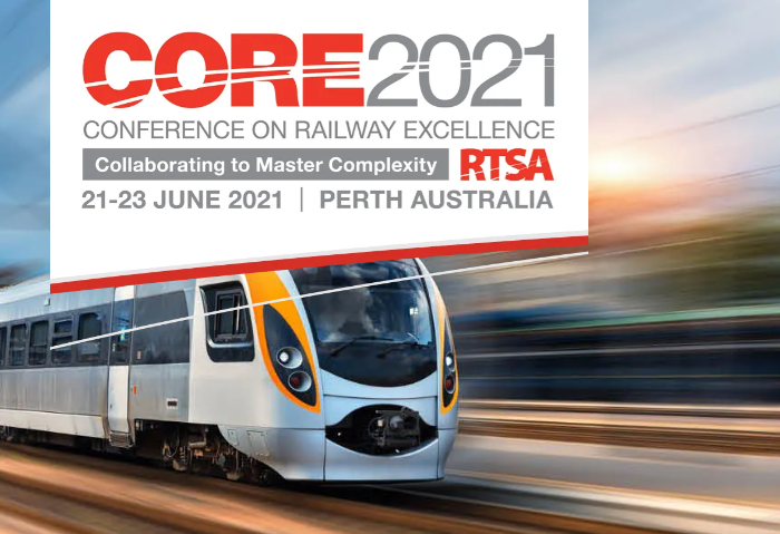 Image of a fast moving train overlaid with CORE 2021 conferencee 21-23 June 2021, Perth, Australia