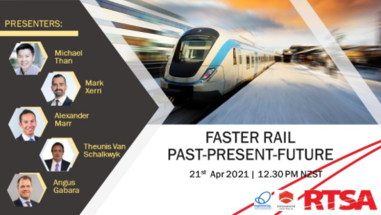 image of a train with headshots of the webinar speakers and title Faster Rail past-present-future