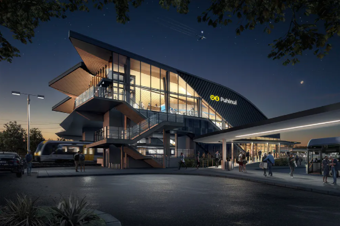 Artists impression of the Puhinui station upgrade at night