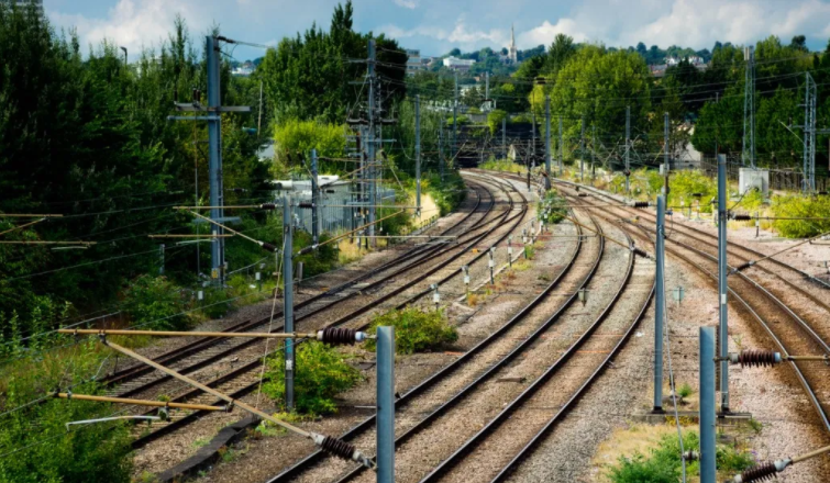 Overhead lines above two up and two down lines in a wooded area