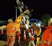 Image of 4 people in high visibility orange clothing working on the boom gate at a level crossing at night