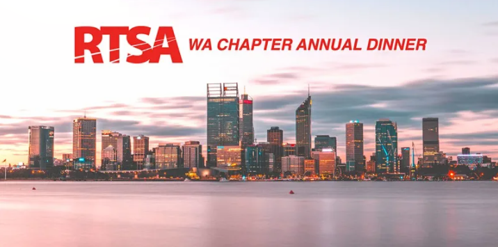 Perth city skyline at sunset from across the water with text overlaid: RTSA WA Chapter Annual Dinner