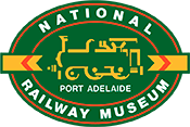 National Railway Museum Port Adelaide logo, white text on a green filled oval background with a yellow steam train outline in the middle
