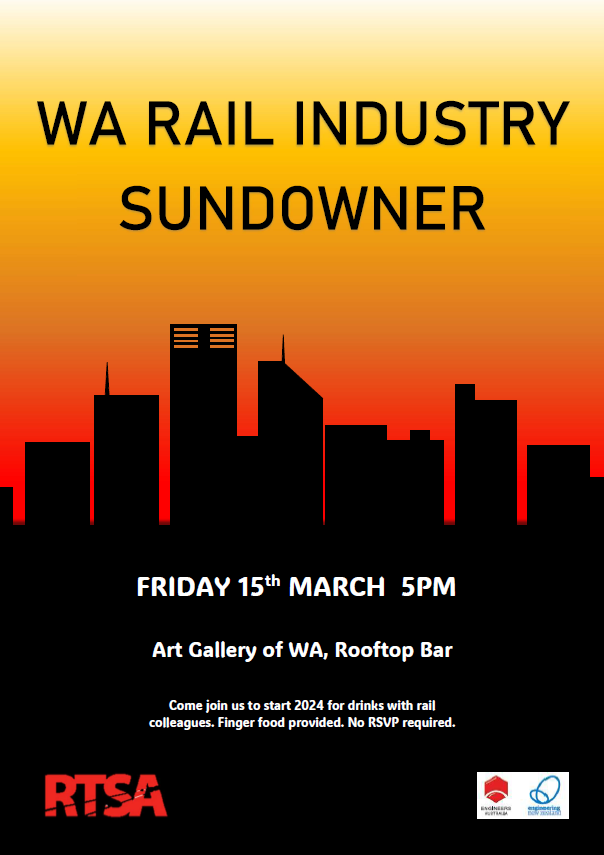 Text overlaid on sunset cityscape silhouette; WA Rail industry sundowner, Friday 15th March 5pm, Art Gallery of WA, Rooftop bar