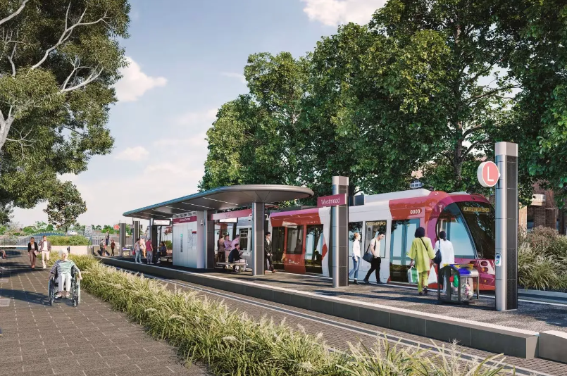 artists impression of parramatta light rail, a red and white CAF tram at a stop, surrounded by trees and nature